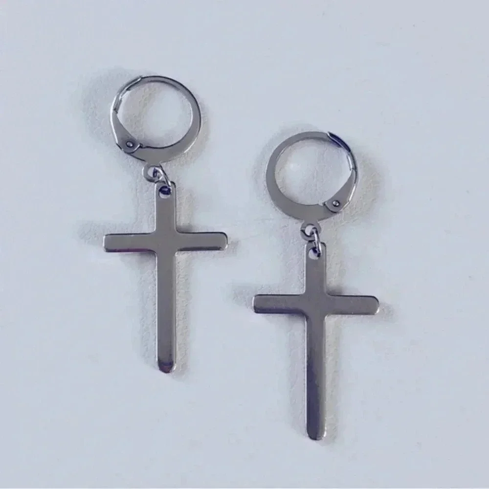 Silver Christian Cross on Hoop Stainless Steel Earrings NWT